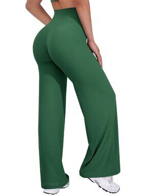 Women's Dark Green High Waist Stretch Casual Straight Bottoms Wide Leggings